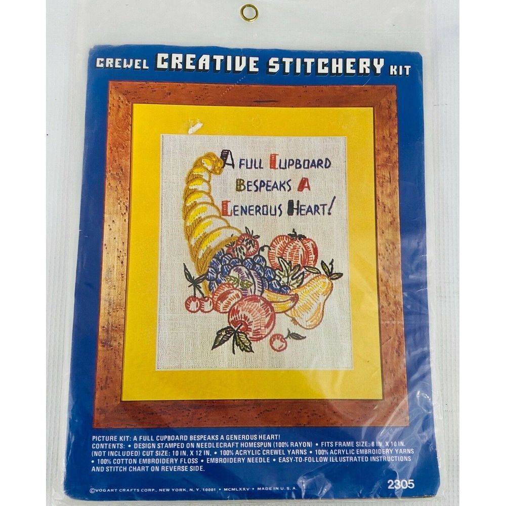 Vtg Vogart #2305‎ Cornucopia Full Cupboard Generous Heart Crewel Embroidery Kit